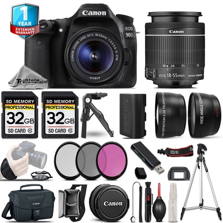 Canon EOS 90D DSLR Camera + 18-55mm IS - 3 Lens Kit + 1yr Warranty - 64GB Bundle