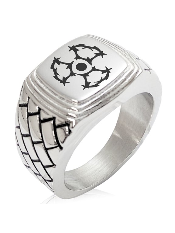 Stainless Steel Barbed Wire Radioactive Geometric Pattern Step-Down Biker Style Polished Ring