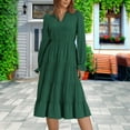 thumbnail image 3 of Efsteb Long Sleeve Dress for Women V Neck Solid Color Ruffled Layered Flowy Swing Midi Dresses Loose Fit Beach Vocation Outfit (Green,XL), 3 of 7