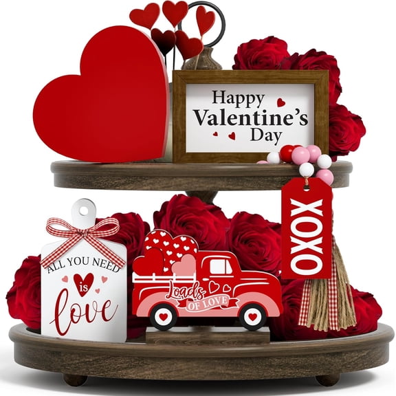 Valentine's Day Tiered Tray Decor Set - 5 Pcs Heart Wooden Signs XOXO Bead Garland, Valentines Day Decorations for Home Kitchen Table Party Decorations