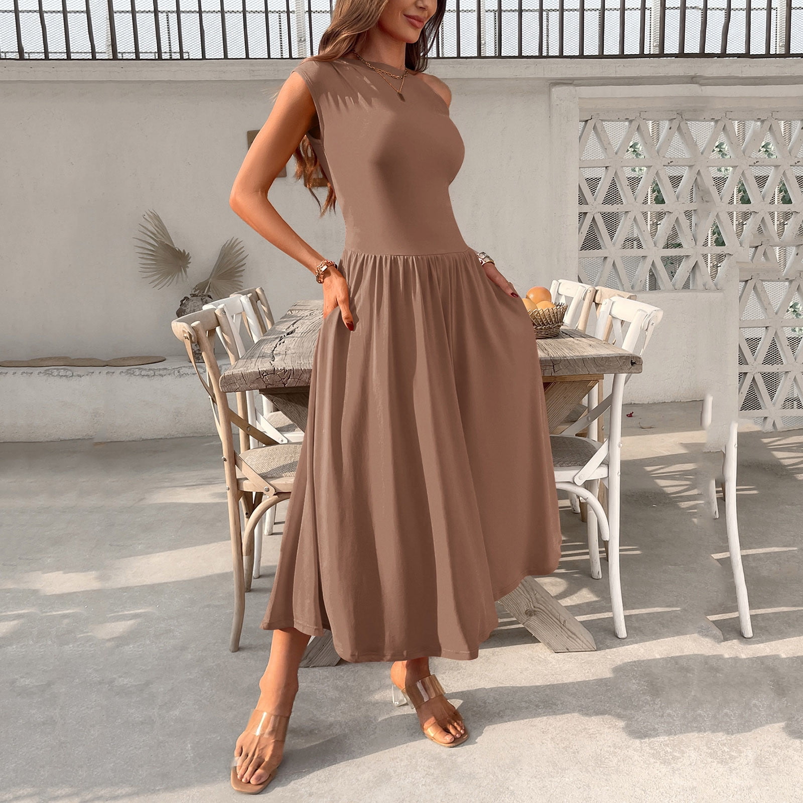 SMihono Stylish Women's Fashion Collared Summer Long Dresses Pleated Flowing Hem Loose Maxi Dress Elegant Beach Clothes Coffee XL