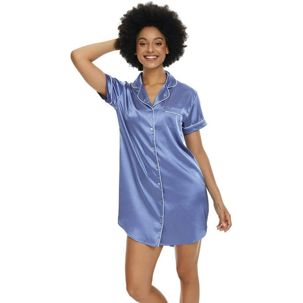 Women's Silky Nightgown Button Down Nightshirt Short Sleeve Satin Boyfriend  Collar Sleepwear S-XXL 