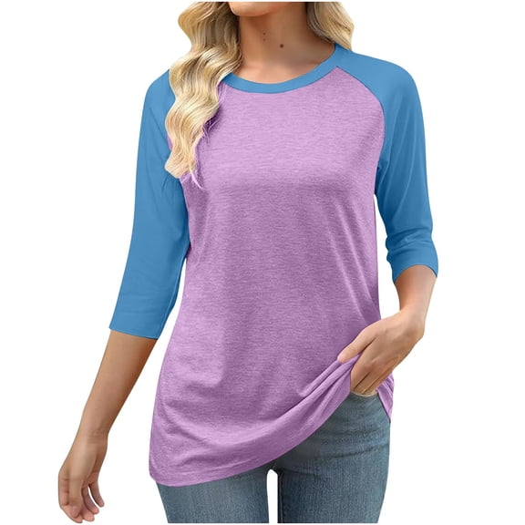 BSDJILFG 3/4 Sleeve Pajama Tops for Women Casual Crewneck Raglan Tees Color Blocked Tunic Sleepwear T-Shirts