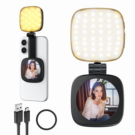 3-in-1 Magnetic Beauty Selfie Light &ndash; 360&deg; LED Lights with Mirror and Phone Stand Portable Rechargeable Fill Light for Makeup Live Streaming Video Calls Compatible with iPhone 17/16/15