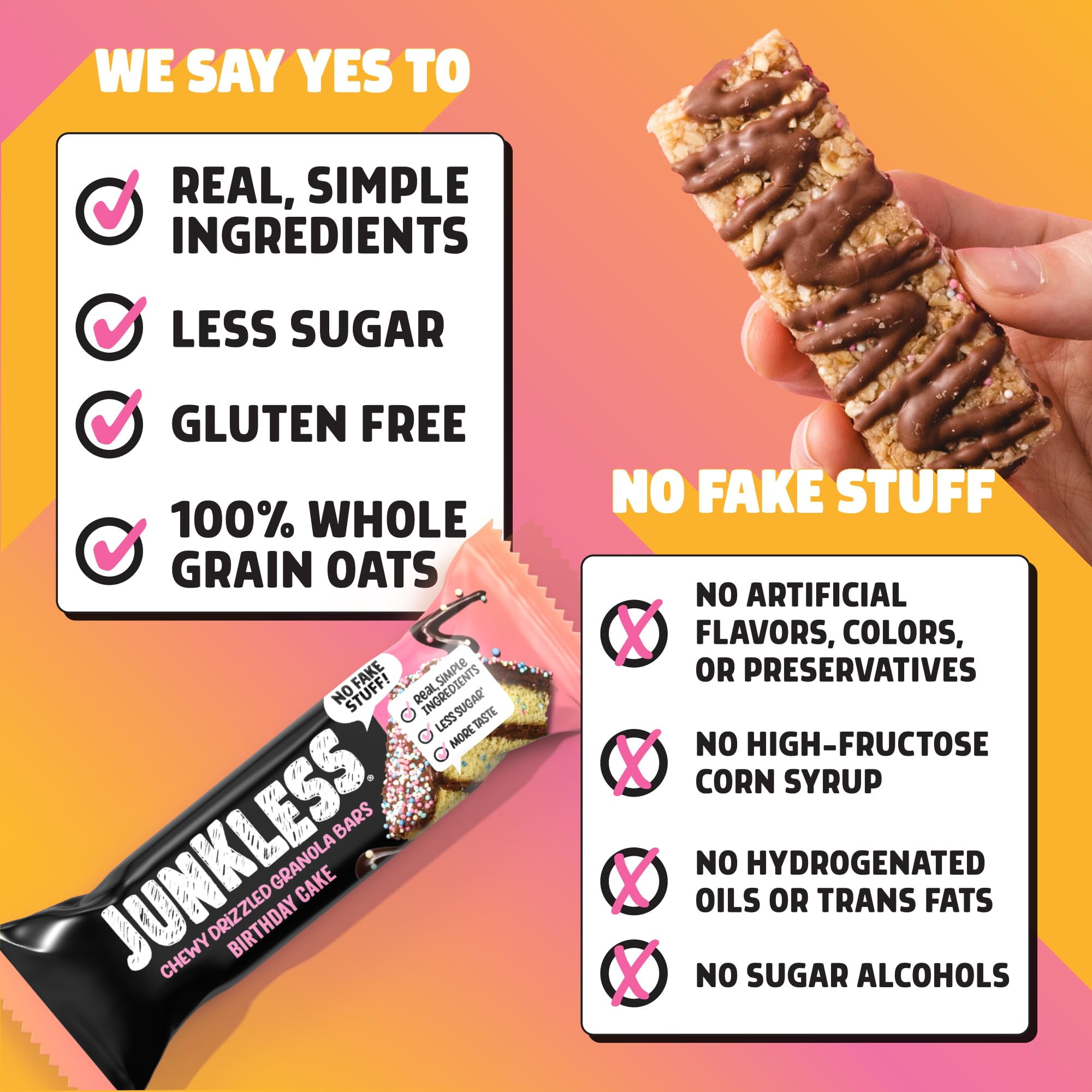 Junkless Chewy Drizzled Granola Bars 2-Flavor Variety KMC2Pack - Birthday Cake, Berries & Cream - Less Sugar, Great Tasting, Wholesome Snacks - Bulk Granola Bars - 1.1 oz. Bars, 4 Boxes