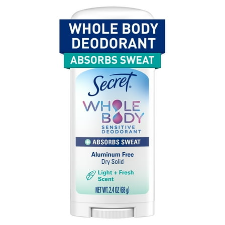 Secret Whole Body Aluminum-Free Dry Feel Stick Absorbs Sweat, Deodorant Stick for Women, Light & Fresh Scent, 2.4oz