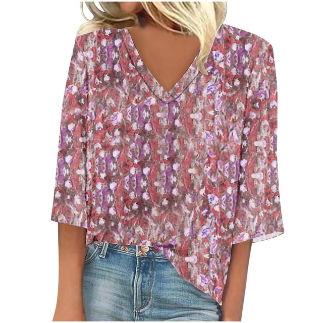 Fiudx Tops para Mujer Blusa de Manga Larga de Verano con Cuello En V para Mujer, Sexy, Casual, con Estampado Regular