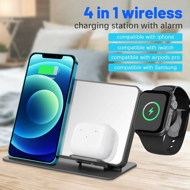 Estación de carga de carga inalámbrica Station multifuncional 4-en-1 soporte de carga rápida compatible para iPhone Samsung Teléfono Apple Watch AirPods