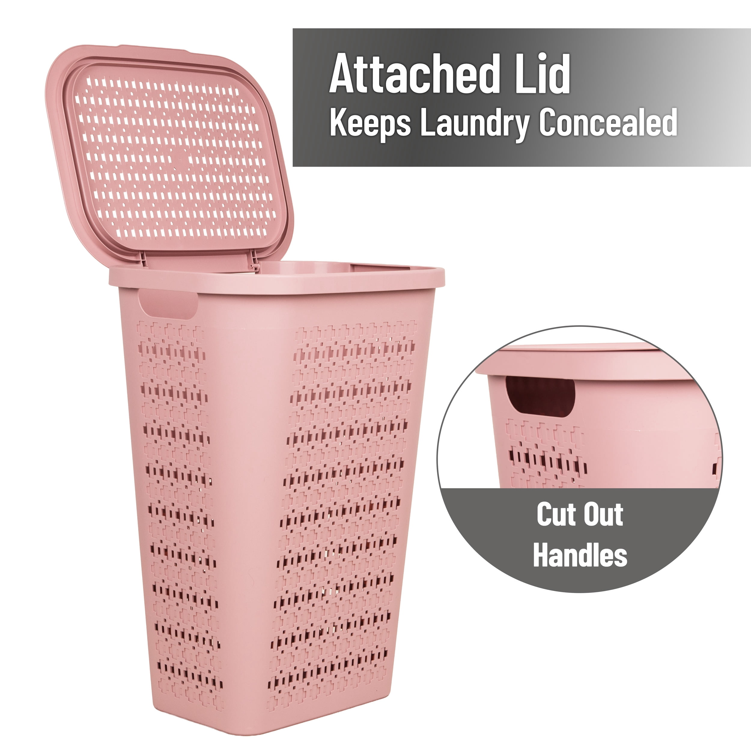 Mind Reader Slim Swiss Cross Cut-Outs Tapered Laundry Hampers with Lid, Plastic, Set of 2, Pink