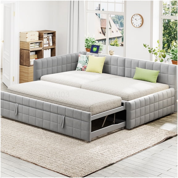 Modern Upholstered L-Shape Sofa Daybed with Pull Out Trundle and USB Ports