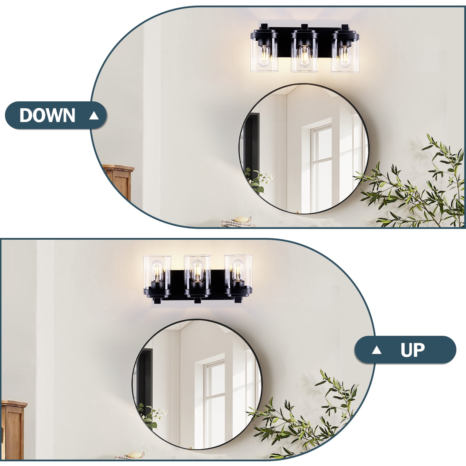 3-Light Black Bathroom Vanity Light, Modern Vanity Lighting Fixture for Bathroom, 15.75" Matte Light Fixture, Wall Sconces with Clear Glass Shade, Black Bathroom Wall Light Over Mirror