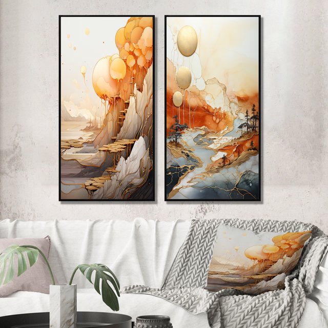 Designart "Abstract Mountain Landscape Illuminated by Full Moon I" Abstract Landscape Framed Wall Art Set Of 2 - Modern Gold Framed Canvas Set For Living Room Decor