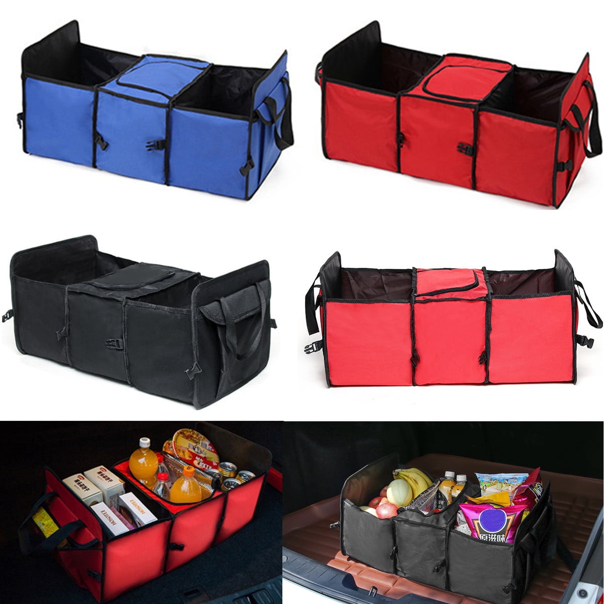 Extra Large Collapsible Trunk Organizer with Cooler Bag,3 Compartments Storage Organizer with Cover 