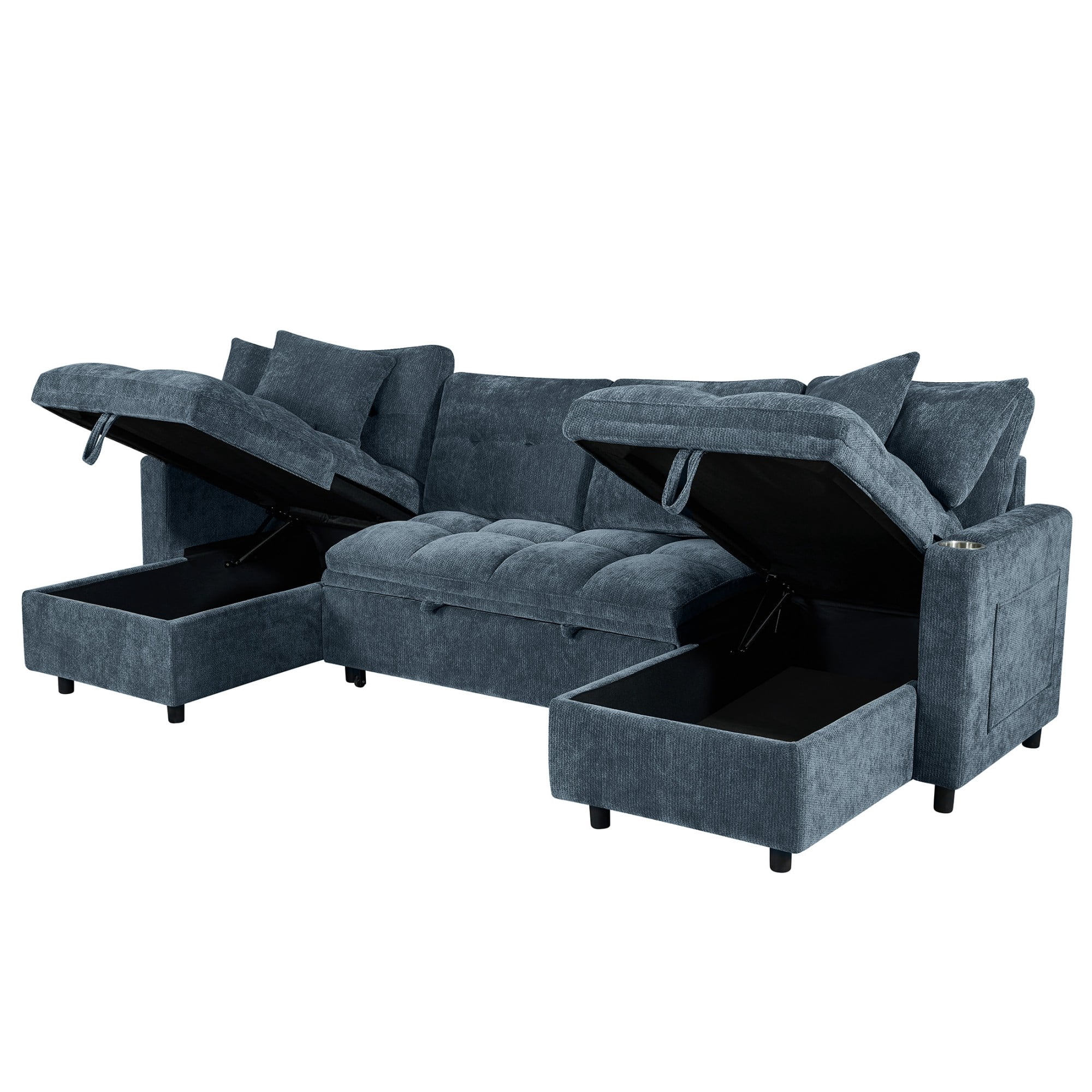 DEALTOPS 108" Chenille U-Shaped Sectional Pull Out Sleeper Sofa Bed with Storage Chaise, USB & Tray Table, Blue