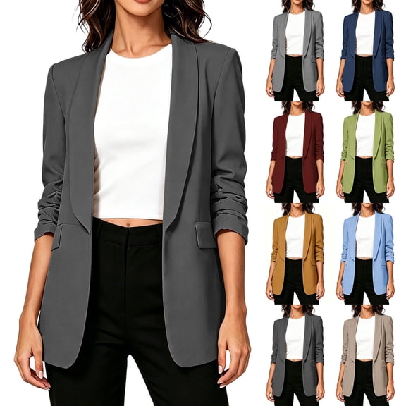 Sahpxhe Womens Blazer Open Front Ruched 3/4 Sleeve Shawl Collar Blazer Casual Business Long Suit Jacket with Lining Light Blue S