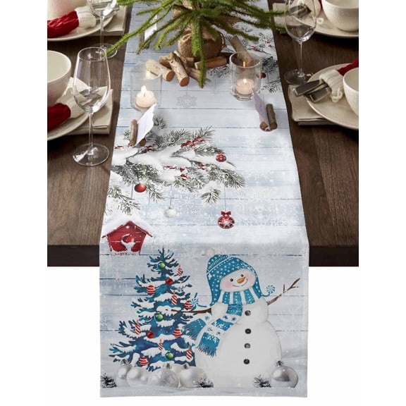nqOlkjepod Christmas Snowman Table Runner 120 Inches Long Farmhouse Dress Scarves, Xmas Tree Balls Snowflake Vintage Dining Tablerunner for Coffee Table/Kitchen Island/Party Décor, 13" x 120"