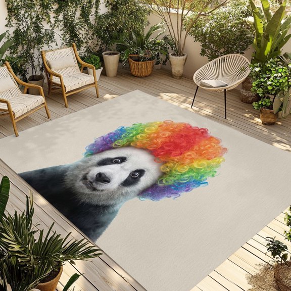 Afro Wig Panda Outdoor Rug, Abstract Funny Rainbow Wig Panda Linen Texture Non-Slip Area Rugs Carpet Breathable Large Floor Mat for Outdoors Patio Porch Deck Beach 4’ x 6’