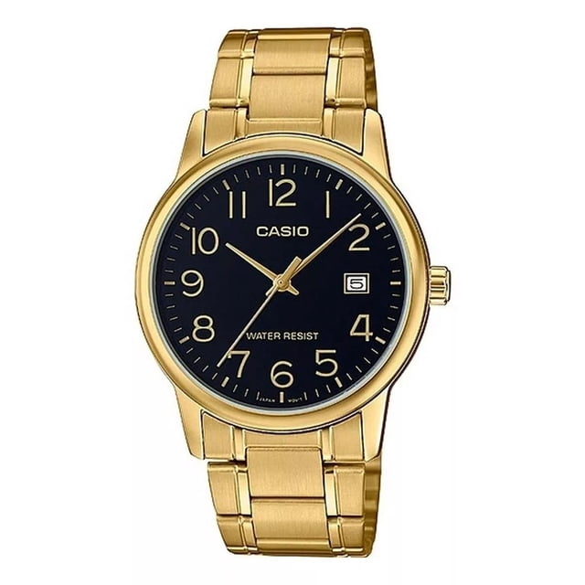 Reloj Casio Mtpv002 G1b Hombre Dorado Negro Fechador Full Correa MTP-V002G-1B