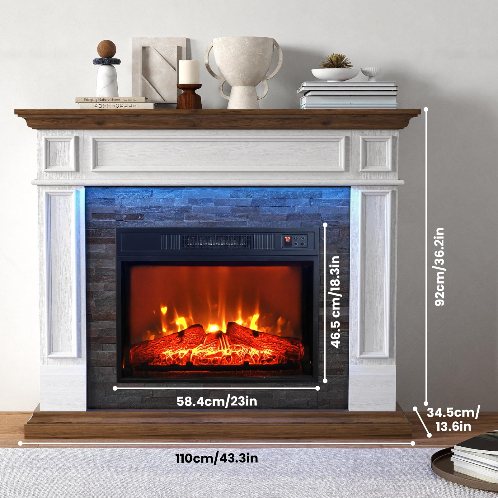 44" Fireplace TV Stand with Led Lights & 23'' Electric Fireplace, Wooden Free Standing Fireplace for Living Room, White & Brown