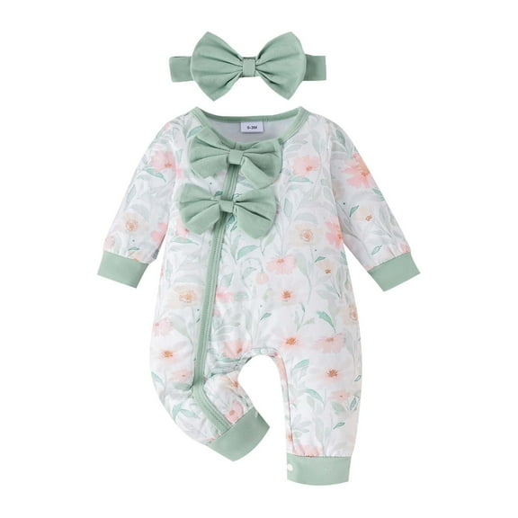 Newborn Onesies Shoulder Snap Romper Solid Color Long Sleeve Sweatshirt Romper Footless Green 9 M-12 M