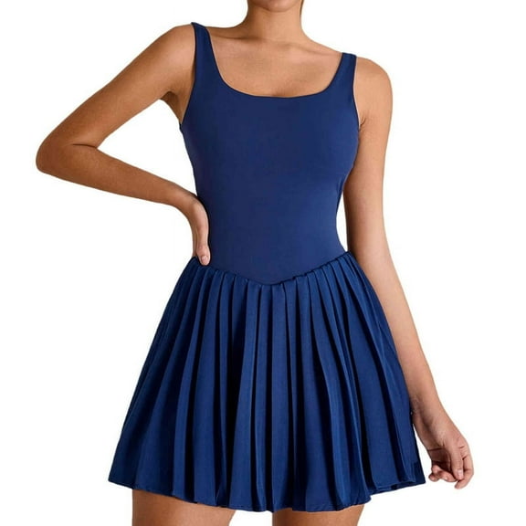 Womens Square Neck Tennis Dress Pleated Sleeveless Built in Shorts Golf Athletic Dress with Pockets Navy Blue S