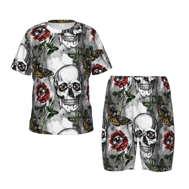 Balery Skulls Roses Conjunto de Pijama Infantil de Manga Corta con Estampado – Ropa de Dormir de Algodón Suave-XX-Large