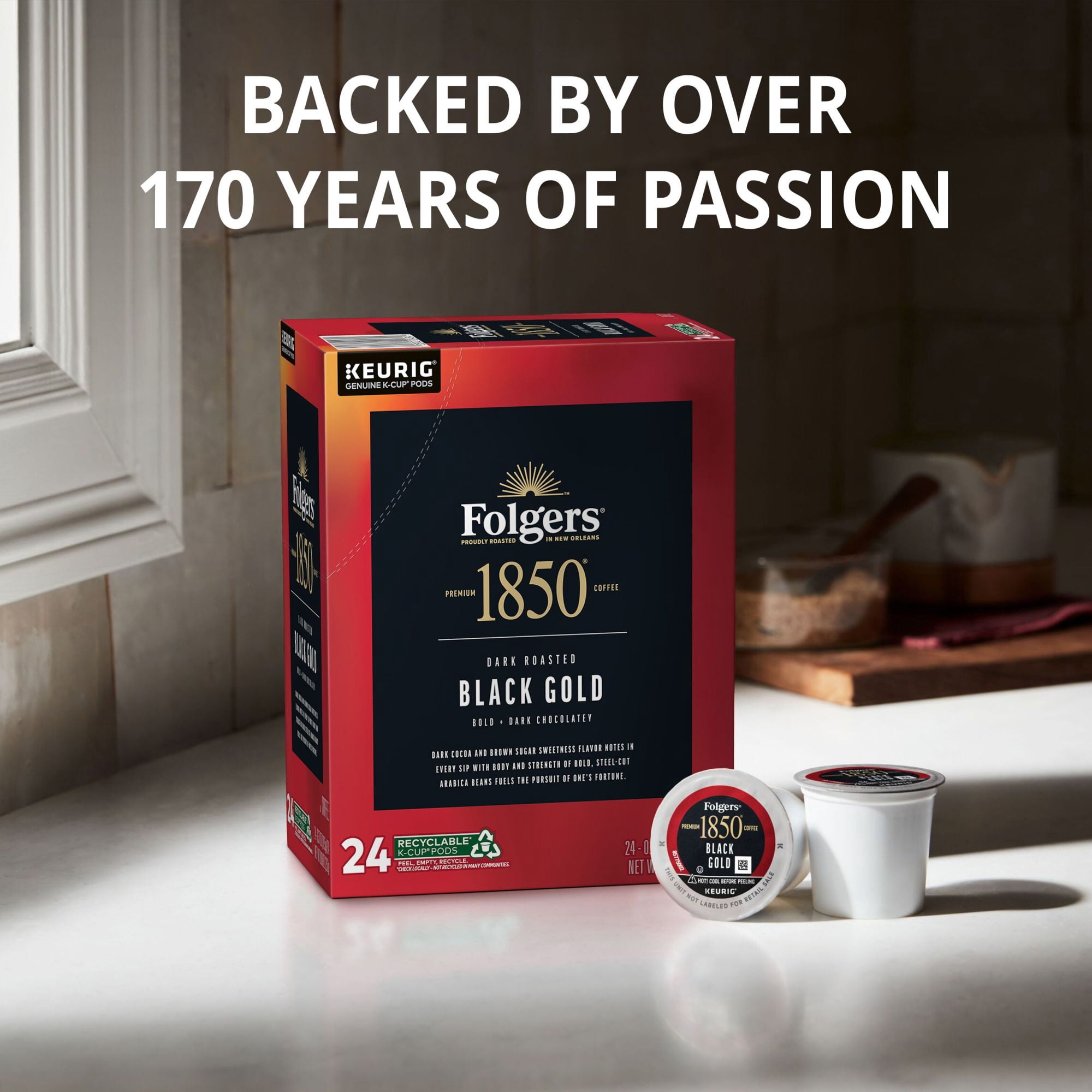 1850 Black Gold, Dark Roast Coffee, Keurig K-Cup Pods, 10 Count Box