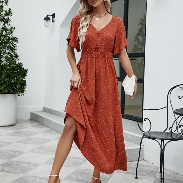 Lenago Robes d'Été pour Femmes Grande Taille Mode Femmes Été Décontracté Col en V Uni Manches Courtes Robe à Boutons Fête Plage Robes en Liquidation