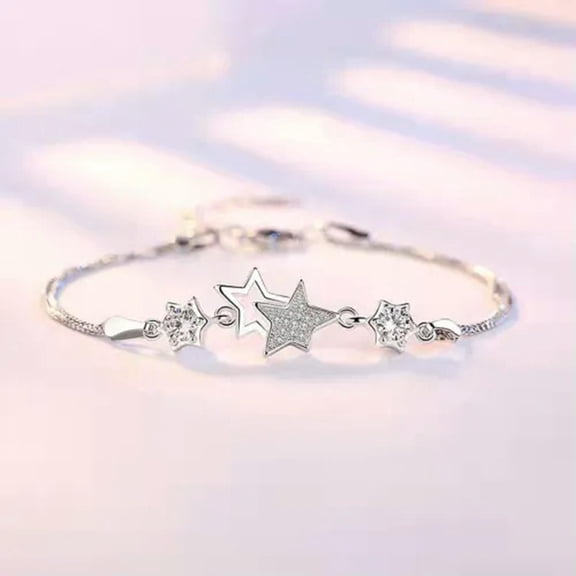 HOOUN Women 925 Sterling Silver Wrist Chain Crystal Hollow Out Star Style Bracelet-Silver