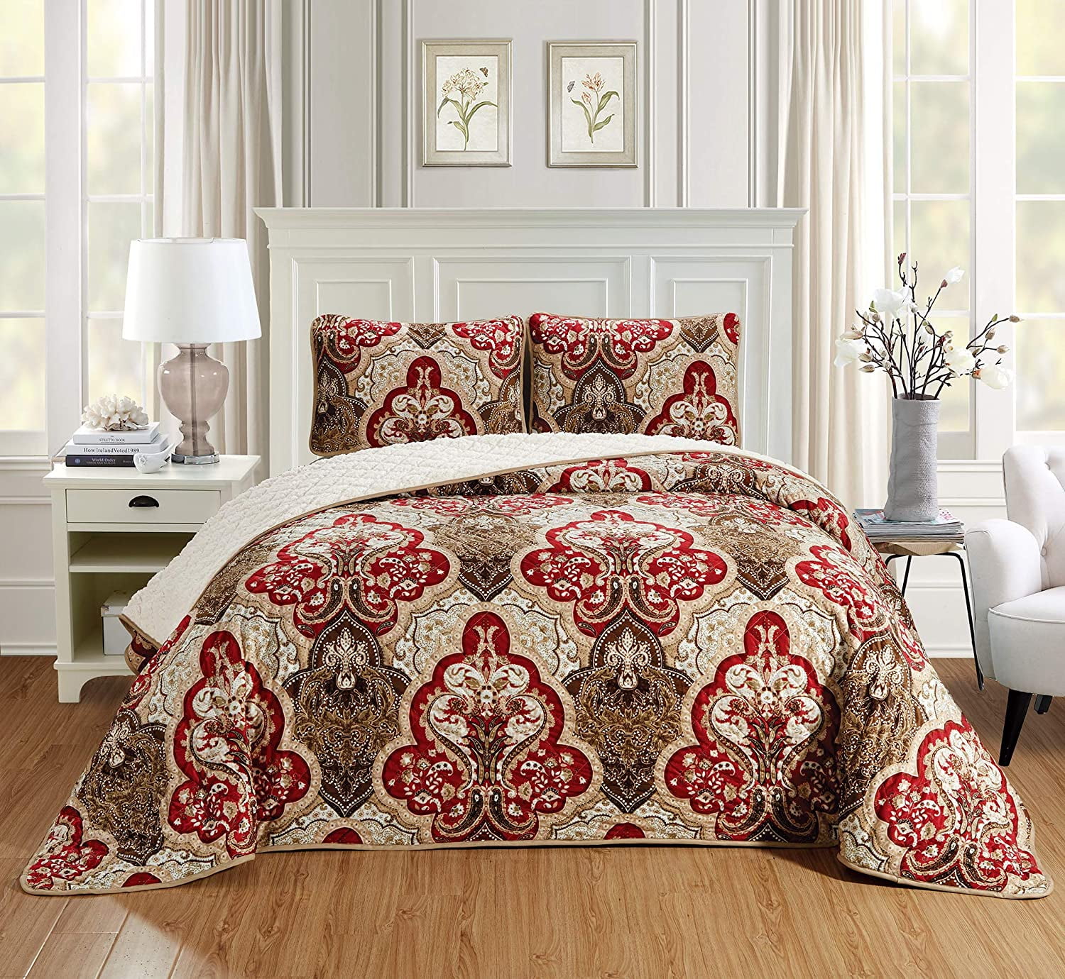 Chezmoi Collection 3Piece Velvet Sherpa Lightweight Comforter Set, Red