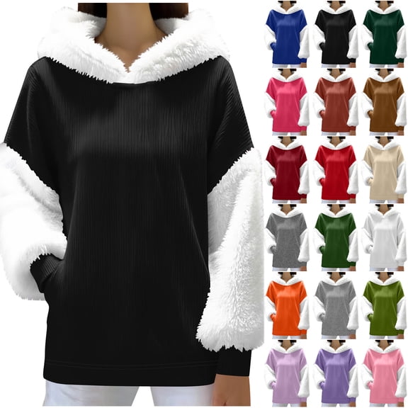 Otntypg Fuzzy Hoodies for Women Winter Plush Fluffy Patchwork Long Sleeve Ribbed Knit Hooded Pullover Sweatshirts Loose Oversized Thick Warm Outwear Tops with Pockets Pink S