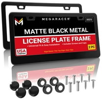 Mega Racer Matte Black License Plate Frame (2 Pack) – Stainless Steel, Rattle-Free, Rust-Resistant, Slim Top Wide Bottom Design, Front & Rear Plate Holder with Black Screw Caps