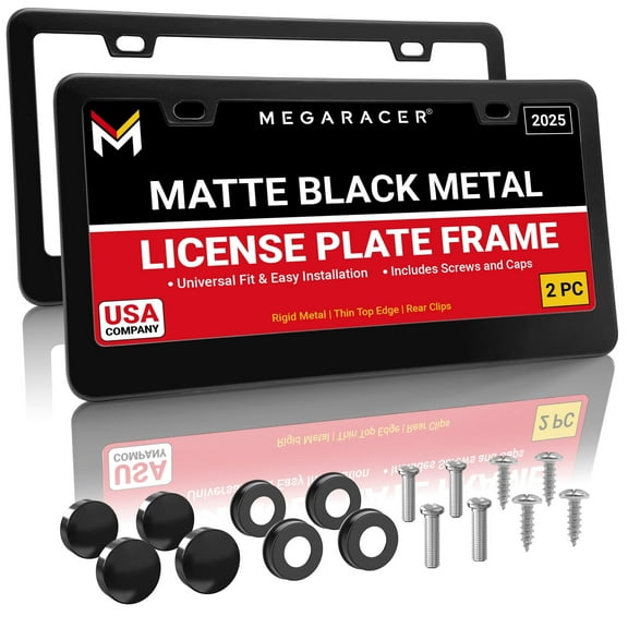 Mega Racer Matte Black License Plate Frame (2 Pack) – Stainless Steel, Rattle-Free, Rust-Resistant, Slim Top Wide Bottom Design, Front & Rear Plate Holder with Black Screw Caps