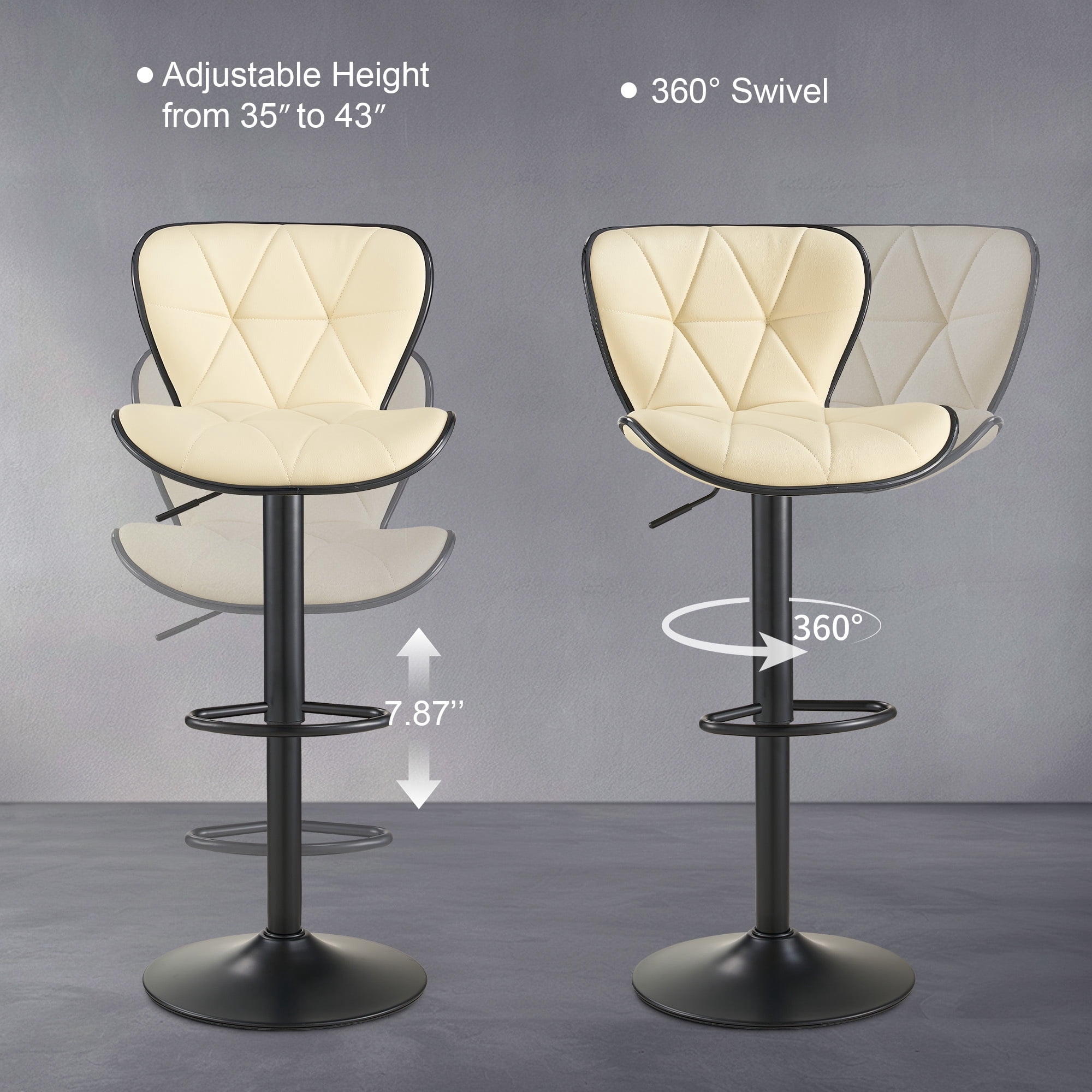 AUNEKIV Bar Stools Set of 2, Modern Swivel Counter Height Bar Stools, Adjustable Leather Bar Chairs with Backrest, Upholstered Armless Bar Height Stools, Island Chairs for Kitchen Counter, Beige