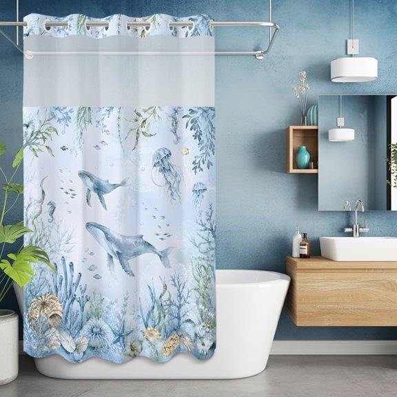 No Hook Shower Curtain with Snap in Liner, Marine Life Humpback Whale Waterproof Bathroom Curtain Mesh Top Window, Coastal Blue Corals Starfish Shower Curtains 36x72in