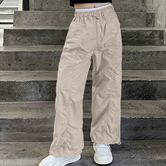ITSAME Girls Straight Leg Pants, Elastic Waist with Pockets Loose Fit Summer Thin Casual Pants Khaki Size 12-13