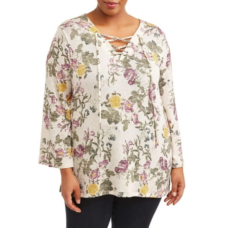 Women's Plus Size Lace Up Wide Sleeve Top
