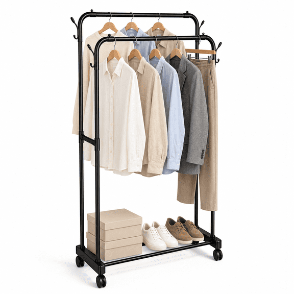 34" Clothes Rack Heavy Duty Rolling Garment Rack with Double Rods, Metal Clothing Rack with Wheels, Freestanding Closet Organizer for Hanging Clothes, Portable Wardrobe Rack Black