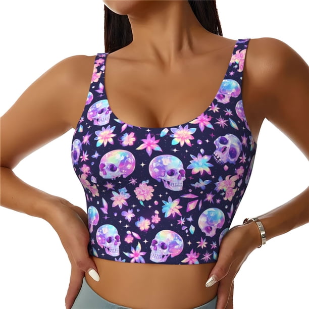 Fotbe crystal Skull flower cool Sujetador Deportivo Largo sin Aros para Mujer con Almohadillas y Soporte Medio, Transpirable y Absorbente, Camiseta Tipo Chaleco o Tank Top-Medium