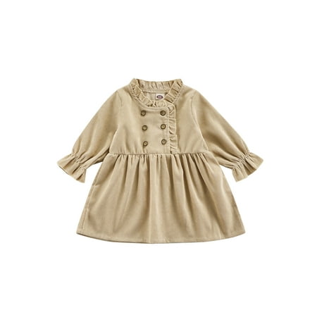 

hirigin Baby Girls Dress Corduroy Solid Color Ruffled-Neck Long Sleeve Skirt