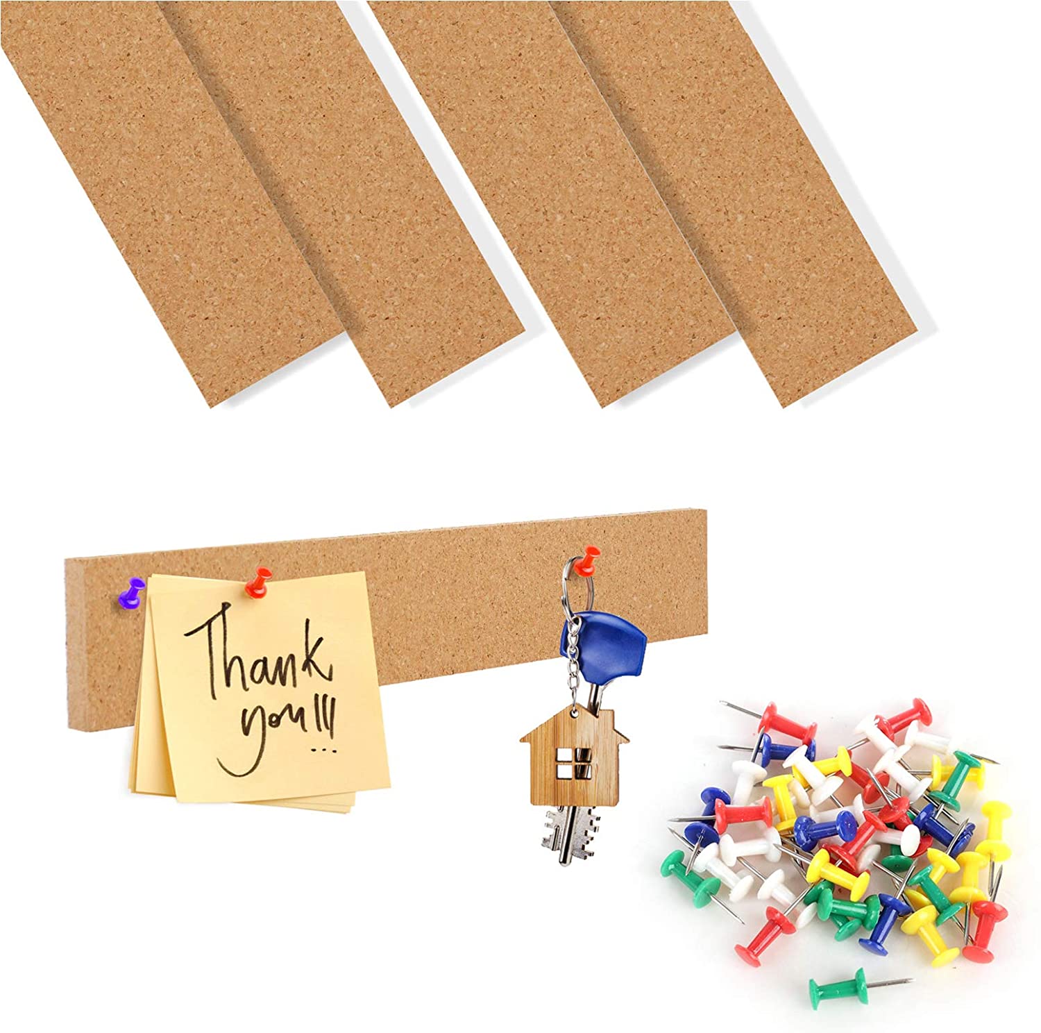 Set of 4 Cork Bulletin Bar Strip with 40 pcs Cork Nails 0.4/0.6 Inch