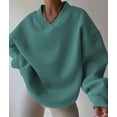 thumbnail image 4 of Women'S V Neck Oversized Sweatshirts Casual Drop Shoulder Long Sleeve Pullover Tops Green L, 4 of 9