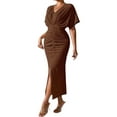 thumbnail image 3 of Womens Metallic Faux Wrap Cocktail Dress Solid Color V-Neck Pleated High Slit Short Sleeve Midi Dress Coffee Color L, 3 of 9