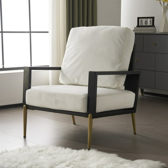 SESSLIFE Upholstered Velvet Accent Chair, Modern White Lounge Arm Chair with Solid Rubberwood Frame and Gold Metal Legs, Reading Chair for Living Room, Bedroom, Balcony