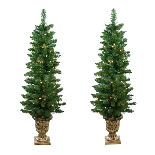 Set of 2 PreLit Whitmire Pine Potted Artificial Christmas Trees 4