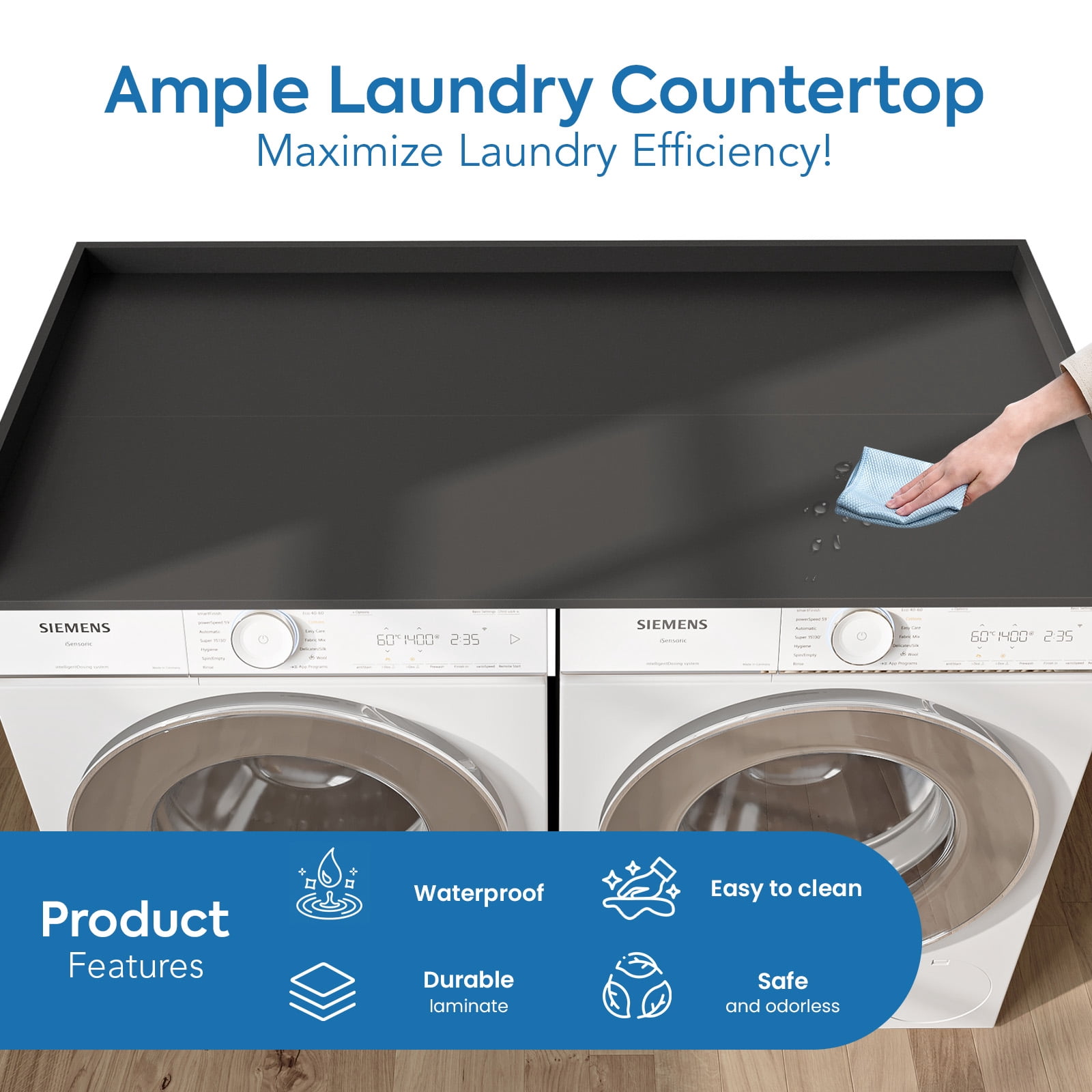 Wood Washer Dryer Countertop with Anti-Slip Pad, 27.6" D x 54" W Dryer Covers for The Top with Edge Rails, Washer Dryer Topper for Laundry Room, Black