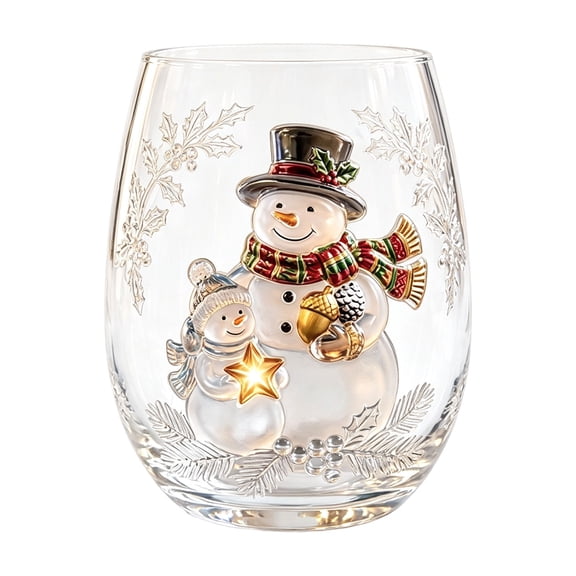 OCCOA Christmas Stemless Wine Glass 10oz Festive Holiday Printed Drinking Cup Clear Glass Tumbler for Table Party Home Decor Gift for Family Xmas Present, A