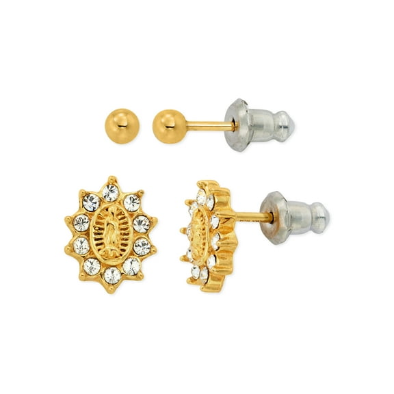 Brilliance Fine Jewelry 14K Gold Plated Sterling Silver Crystal Guadalupe & Ball Studs Children’s Earrings Set