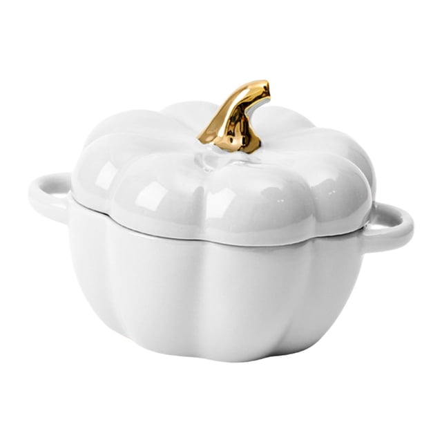 simhoa Bol en Forme de Citrouille avec Couvercle Vaisselle Mignonne Casserole avec Poignée pour l'Halloween Blanc