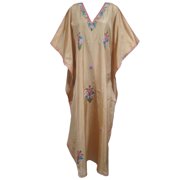 Mogul Womens Kaftan House Dress Brown Kashmiri Embroidered Caftan Evening Maxi Dress